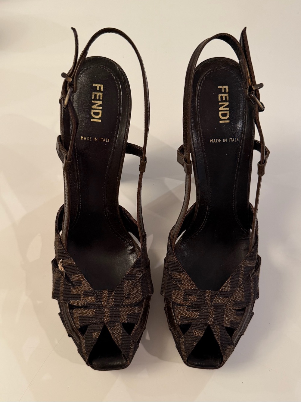 Fendi Zucca Jacquard Platform Slingback Heels 40